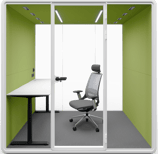 Type G-01: Single office pod with ergonomic chair and wide desk, green acoustic walls