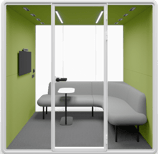 Type G-02: Group pod with corner sofa, small table, and wall screen, green interior