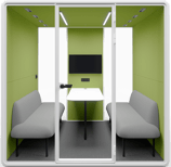 Type G-03: Meeting pod with two sofas, central table, and wall screen, green acoustic walls