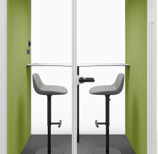 Type T-01: Two-person pod with high stools and a bar-height table, green interior walls