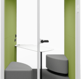 Type T-02: Two-person pod with cushioned benches and corner table, green walls and spotlights