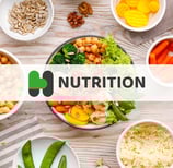 Badge for Nutrition service, with a background of bowls of healthy salads, fruits and nuts