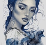 a woman with freckles blue hair and a blue dress