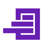 a purple and white logo with a purple and white background