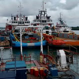 a large boat docked at a dock with a few boats