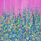a painting of a field with flowers and a pink background