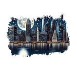 a city skyline with a full moon in the background