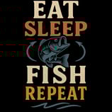 Eat Sleep Fish Repeat design with leaping bass and colorful retro text in orange, blue, cream and go