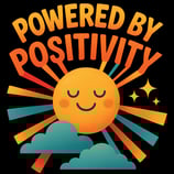 Powered by Positivity design with smiling sun and bold retro rays in bright rainbow colors