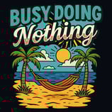 Retro beach design with hammock, palm trees, ocean, sun, and the phrase "Busy Doing Nothing"