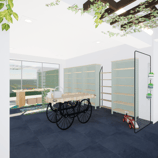 Image du projet de transformation vue vers un espace avec des mobiliers vert sauge