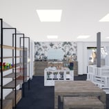 Image du projet de transformation avec des mobiliers en bois et du papier peint