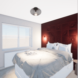 Chambre secondaire appartement Knokke tête de lit bordeau relief Orac