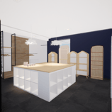Image du projet de rénovation de l'espace central avec des suspensions et des étagères
