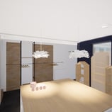 Image du projet de rénovation avec un mur bleu, des suspensions et des étagères