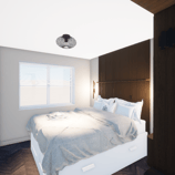 Photo du projet de rénovation de l'appartement de Knokke chambre principale marron tête de lit Orac