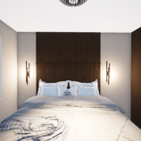 Chambre principale de l'appartement de Knokke tête de lit en relief avec appliques murales