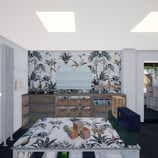Une photo du projet de transformation avec des meubles en bois et un papier peint fleuri Wellpapers