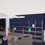 Image du projet de transformation avec des étagères arrondies, des nuages au plafond et un luminaire