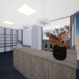 Photo du projet de transformation vue vers le comptoir en bois avec des luminaires en papier et une