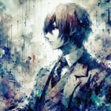 Anime man in a suit and tie with a calm expression | watercolor style artwork | Dynamic background | (simcaart.com)