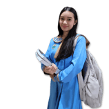 Female student model in school uniform with books, representing Shelomith Learning Center, Inc. high school.
