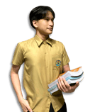 Male student model in school uniform holding books, representing Shelomith Learning Center, Inc. high school.