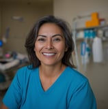 Nurse in blue scrubs sitting in medical room