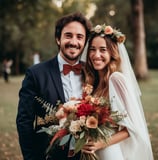 a bride and groom standing in a field