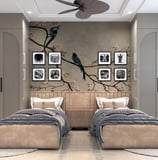 Premium double-sharing girls PG room with modern wardrobes, individual beds, soft lighting, and wall art – Aspiro Living, Kar