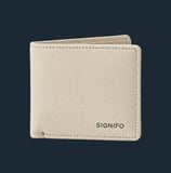Desain dompet lipat minimalis dari kain kanvas SIGNIFO putih.