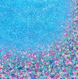 a painting of a field with flowers and a blue sky