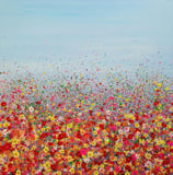 a painting of a field with flowers and a sky background