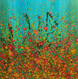 a painting of a field with flowers and trees