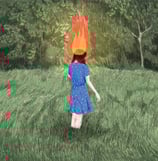 Illustration of a woman in the middle of a field of tall grass with her head on fire