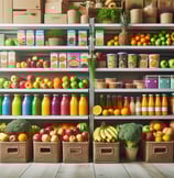 Food products on shelves in farm shop