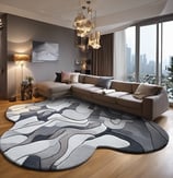 a living room with a large rug and a chandelier