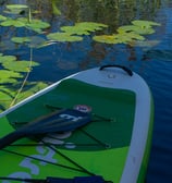 a paddle board with a paddle on a lake