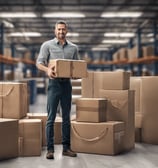 A person wearing a black cap and a black polo shirt with a courier service logo holds a large cardboard box. The background is a plain light gray, and the person appears to be smiling slightly.