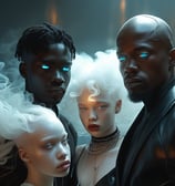 a group of magical people standing around a woman with blue eyes