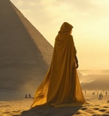 a mysterious figure in a yellow robe standing in front of a pyramid