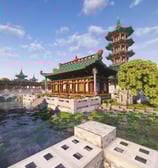 Minecraft Chinese temple build with pond, used in cultural learning project for kids