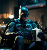 sad batman eating popcorn on a couch