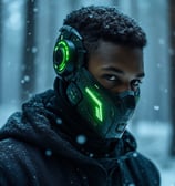 a man in a green mask with a green light on his face