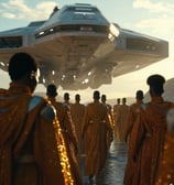 an afrofuturism image of a group of people in gold robes and gold robes