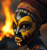 a woman with a painted face and a african tribal mask