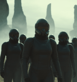 a group of space explorers on a planet