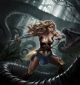 wonder woman fighting a giant snake in the amazon forest