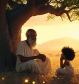 a wise man and a little girl under a boabab tree surrounded by fireflies