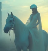 a woman in a white dress riding a horse